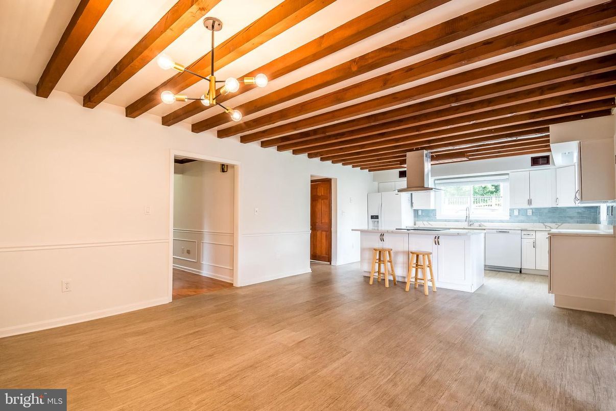 Interior, Kitchen, Pendant Lights, Wooden Beams, Wood Texture Flooring
