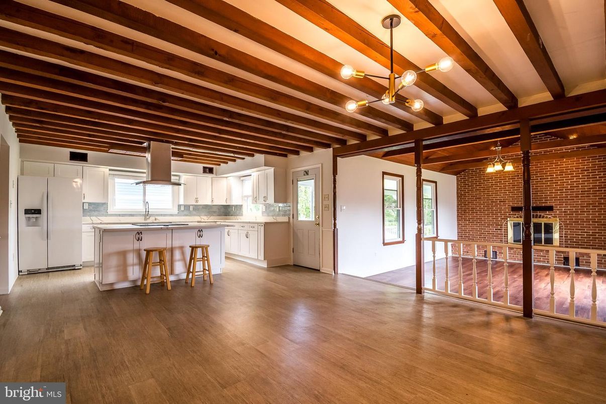 Interior, Kitchen, Pendant Lights, Stone Walls, Wooden Beams, Wood Texture Flooring