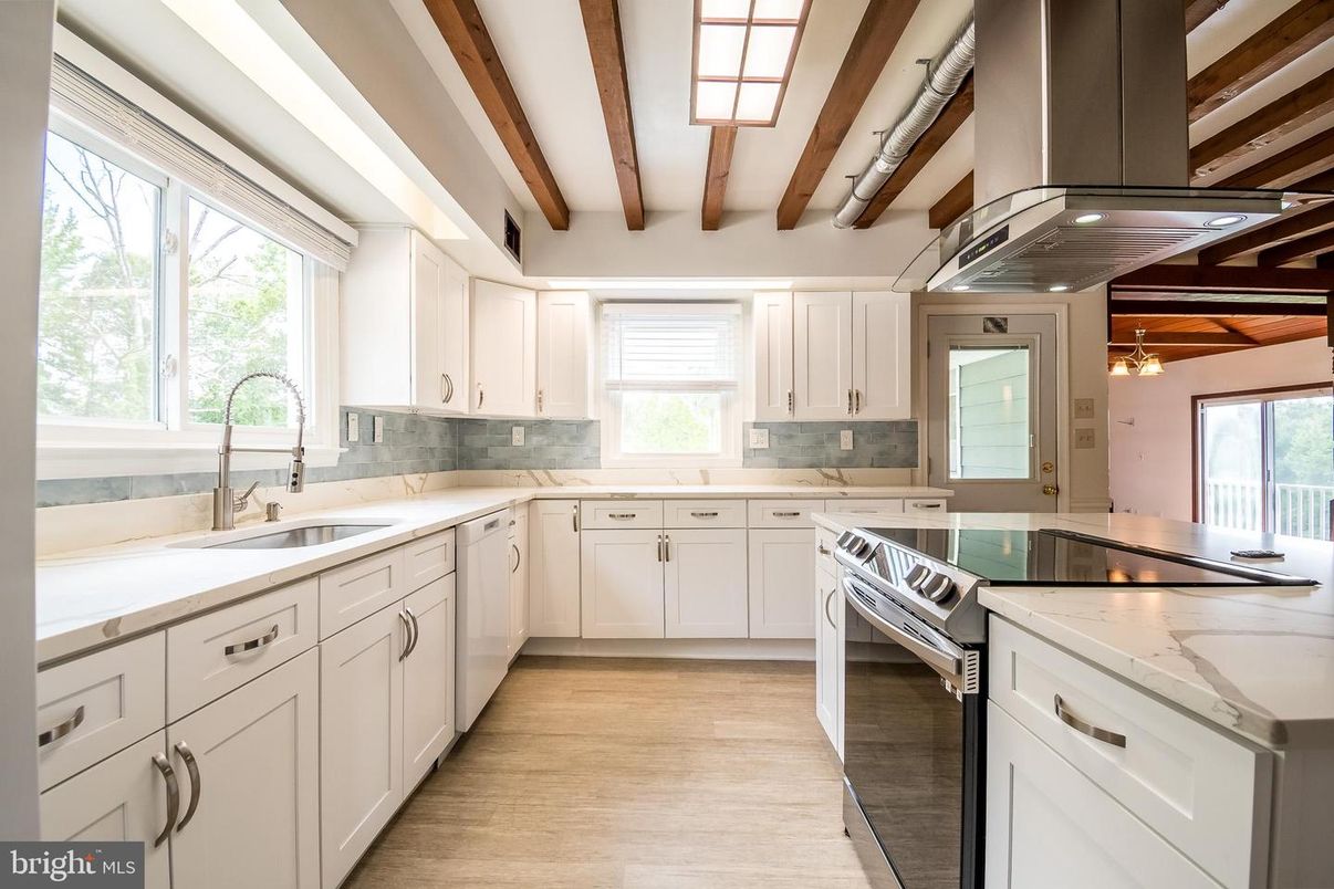 Interior, Kitchen, Stainless Steel Appliances, Wooden Beams, Wood Texture Flooring