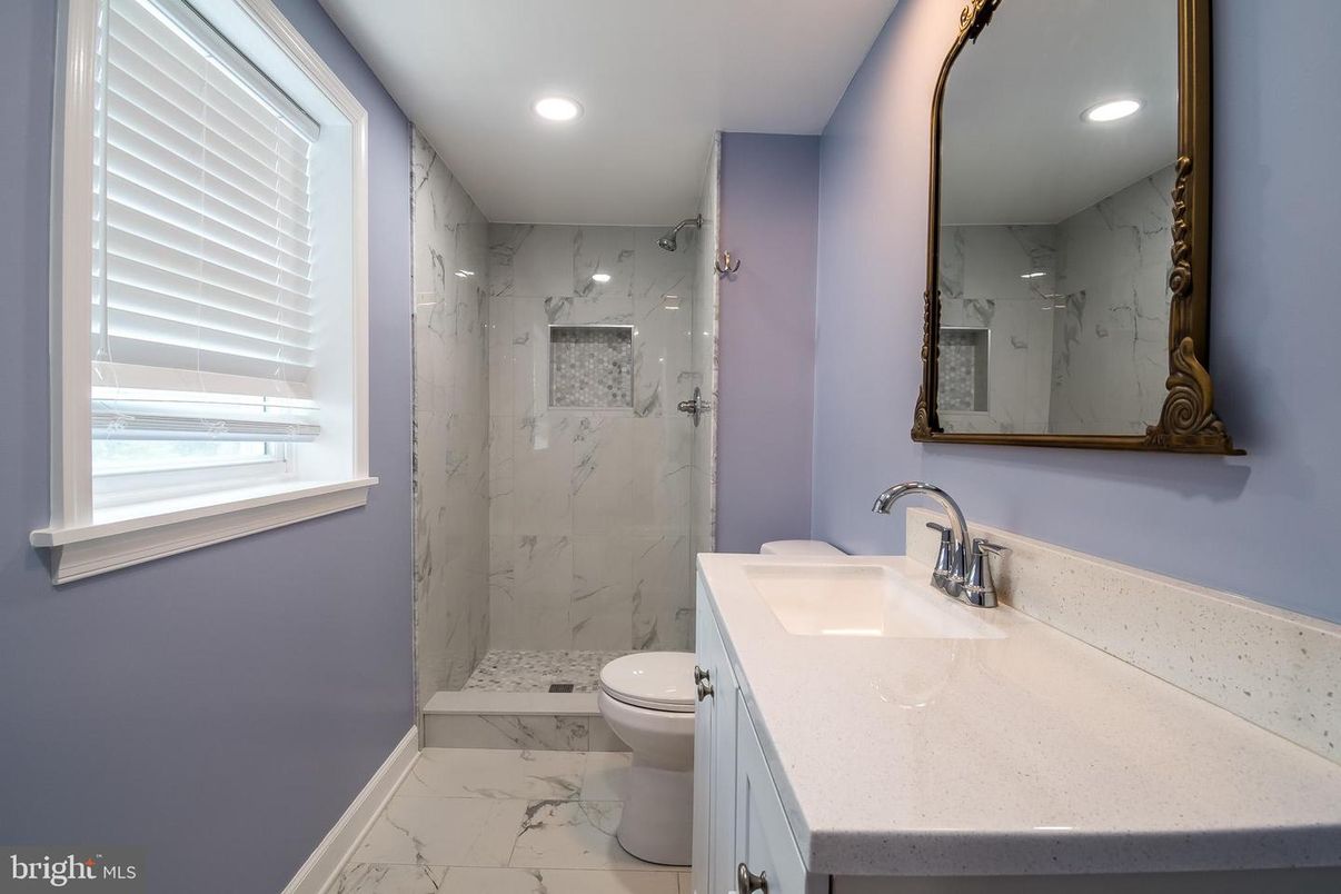 Bathroom, Glass Shower, Interior, Marble, Marble Walls, Recessed Lighting