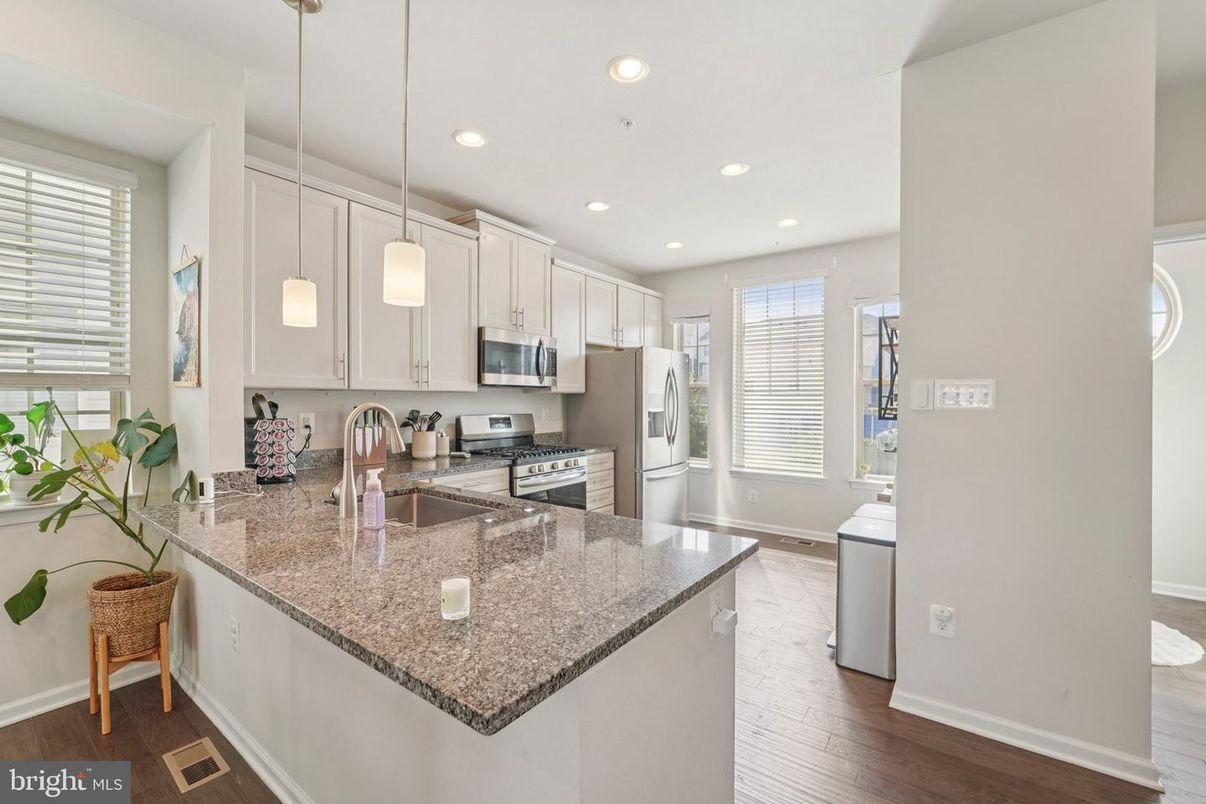 Interior, Kitchen, Pendant Lights, Recessed Lighting, Stainless Steel Appliances, Wood Texture Flooring