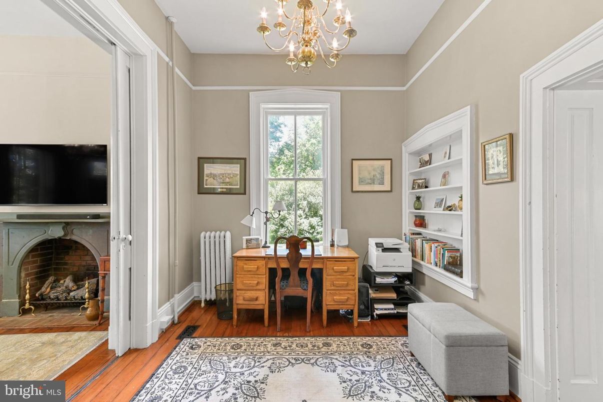 Chandelier, Home Office, Interior, Wood Texture Flooring