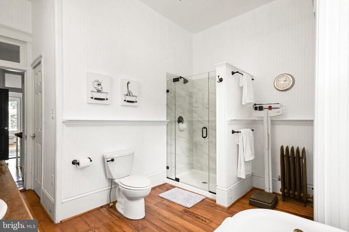 Bathroom, Glass Shower, Interior, Marble Walls, Wood Texture Flooring