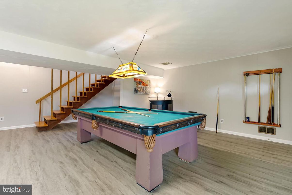 Billiard Table, Game Room, Interior, Pendant Lights, Wood Texture Flooring