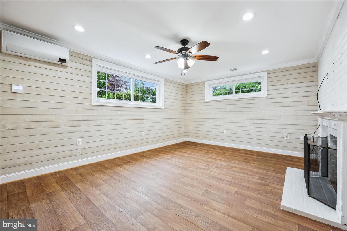 Empty room, Fireplace, Interior, Recessed Lighting, Wood Texture Flooring