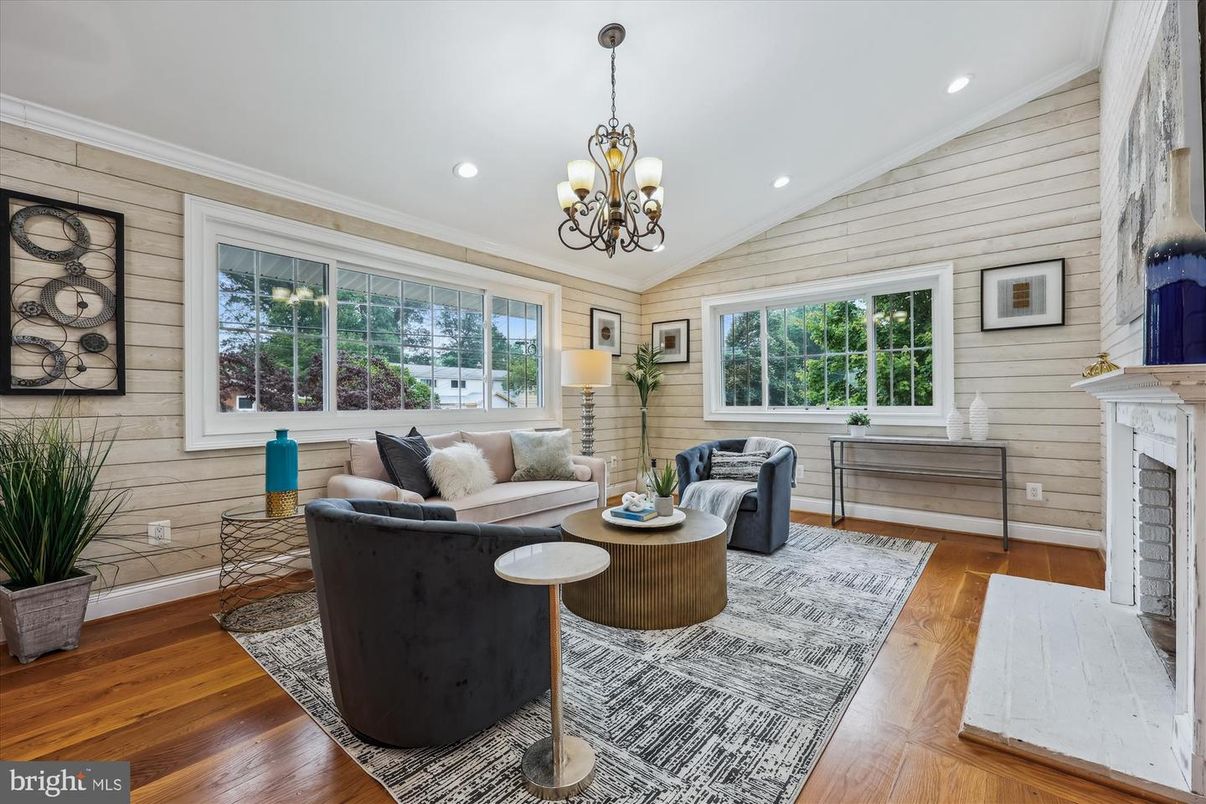 Chandelier, Fireplace, Interior, Living room, Recessed Lighting, Wood Texture Flooring