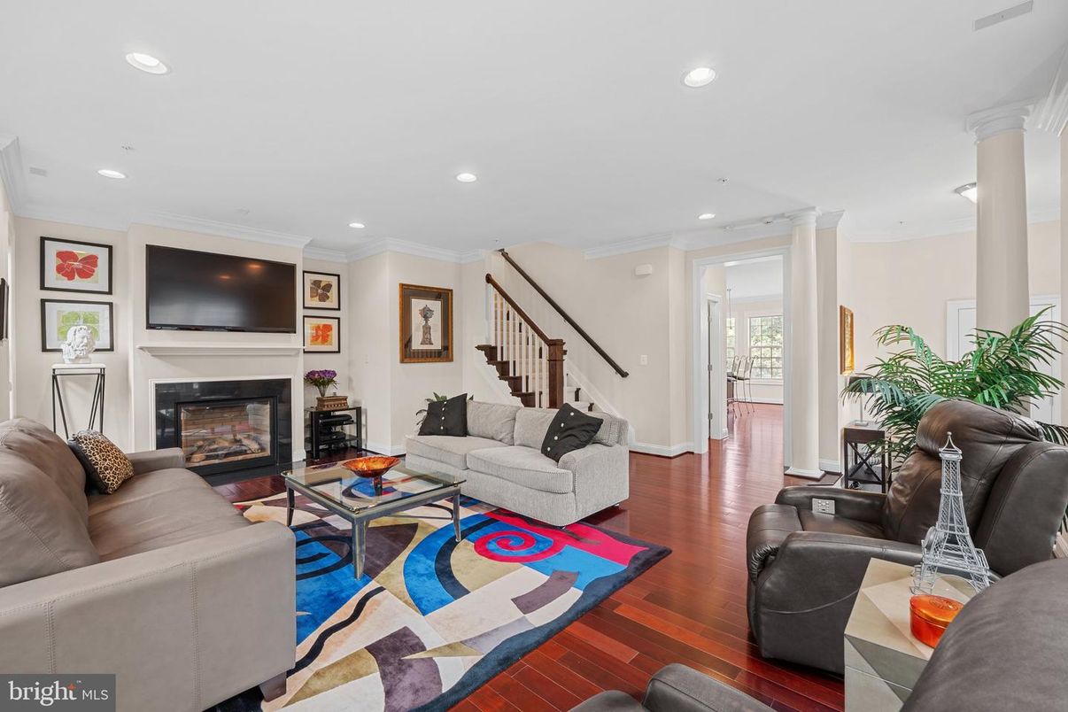 Fireplace, Interior, Living room, Recessed Lighting, Wood Texture Flooring