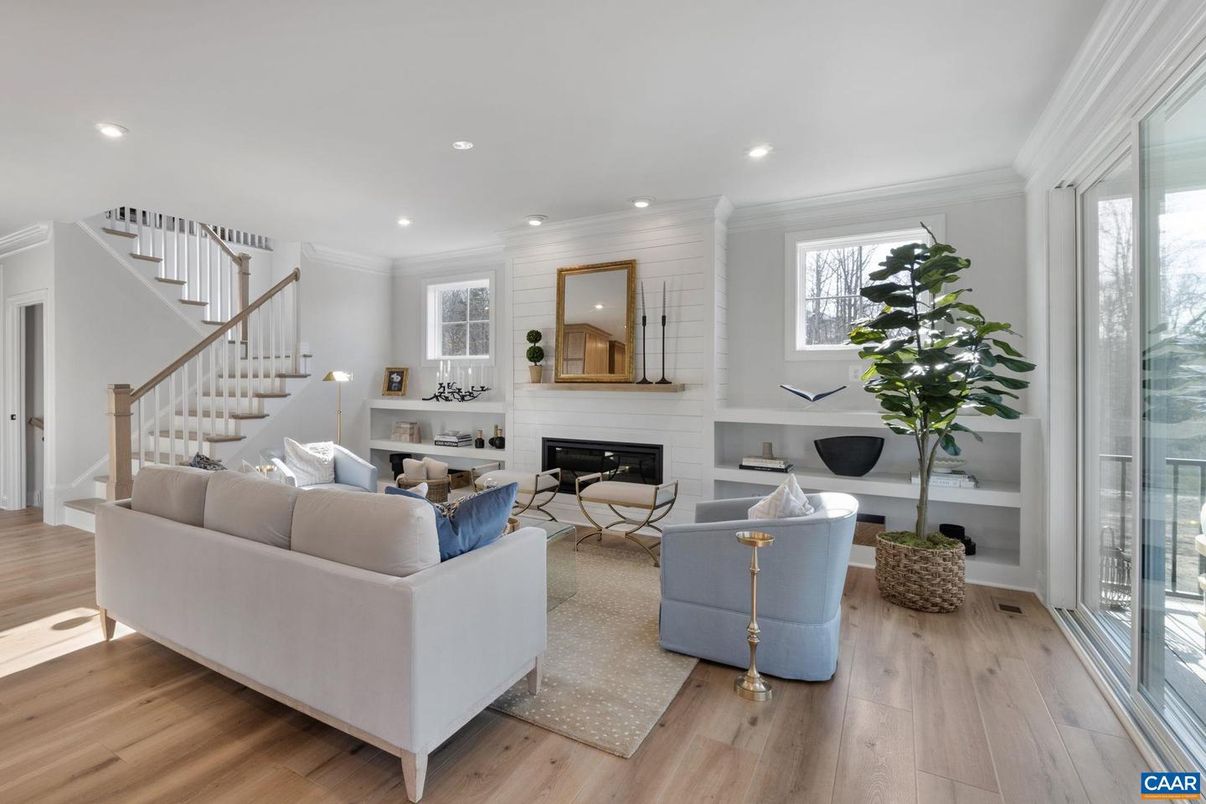 Fireplace, Interior, Living room, Recessed Lighting, Wood Texture Flooring