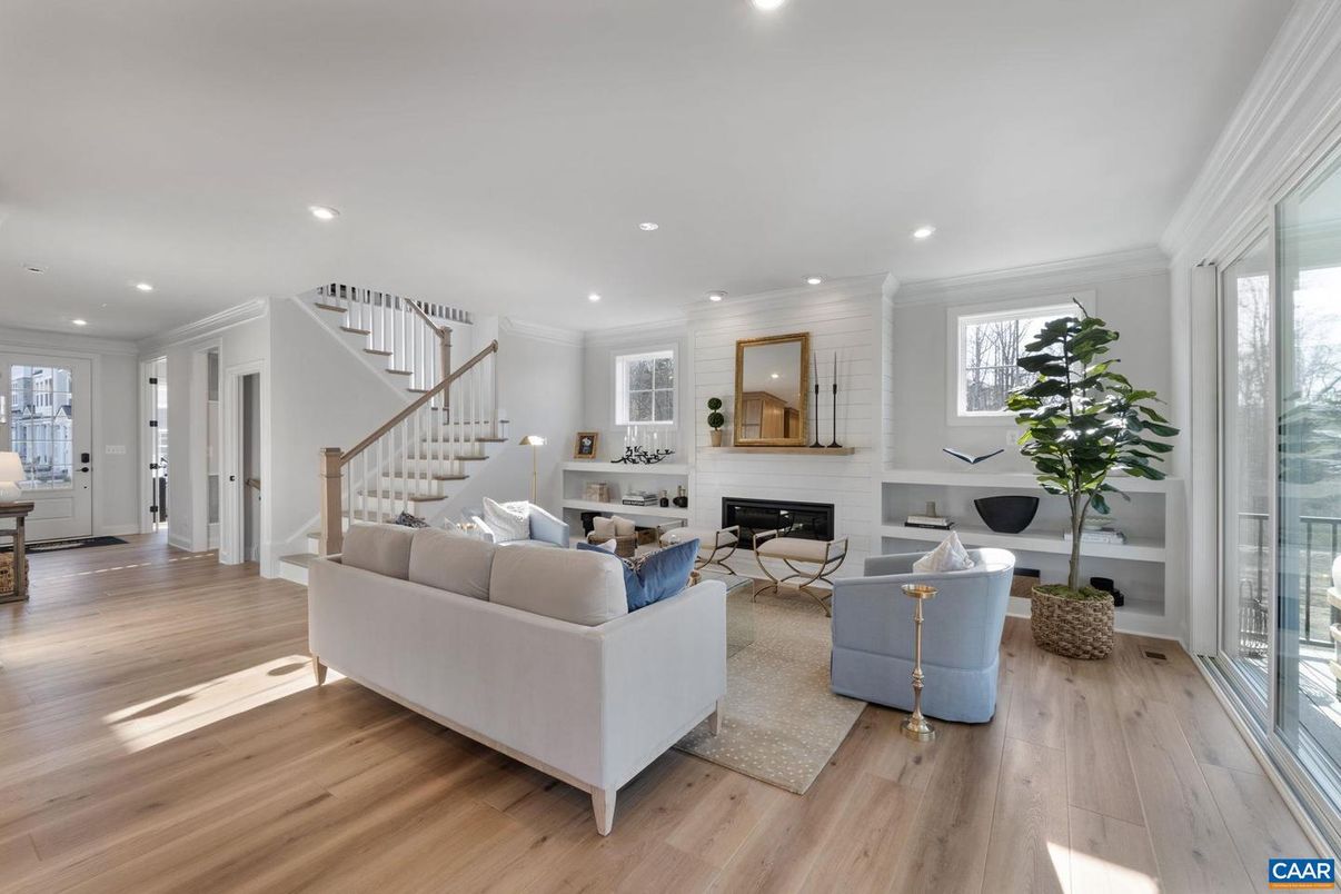 Fireplace, Interior, Living room, Recessed Lighting, Wood Texture Flooring