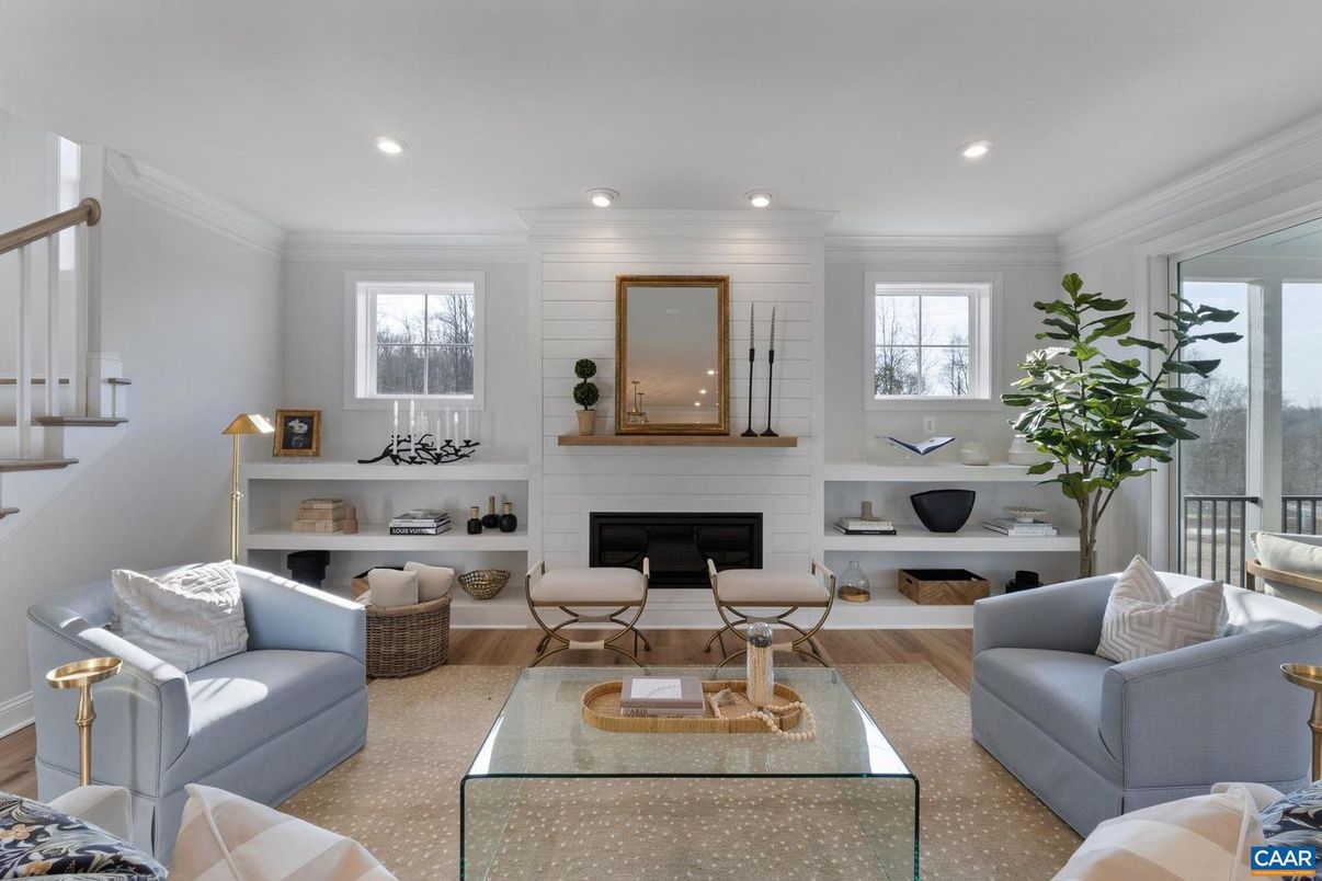 Fireplace, Interior, Living room, Recessed Lighting, Wood Texture Flooring