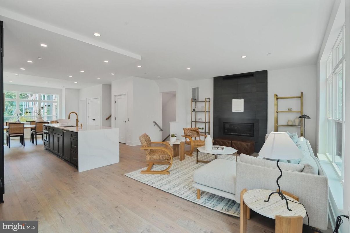 Fireplace, Interior, Kitchen, Living room, Recessed Lighting, Wood Texture Flooring