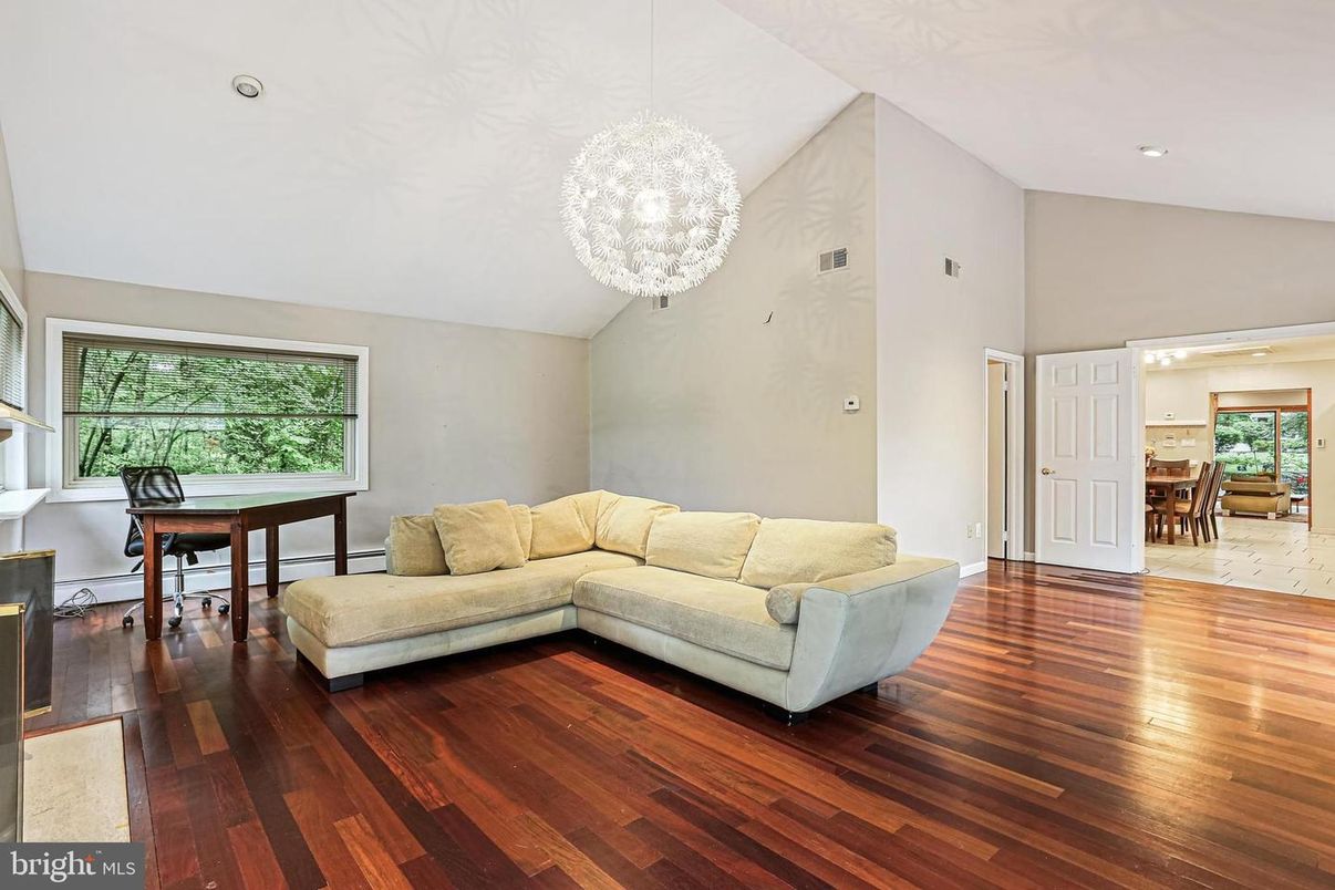 Chandelier, Home Office, Interior, Living room, Recessed Lighting, Wood Texture Flooring