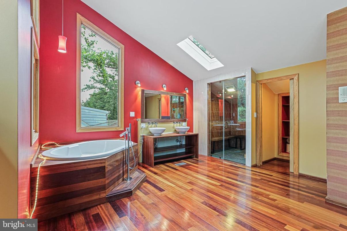 Bathroom, Glass Shower, Interior, Wood Texture Flooring