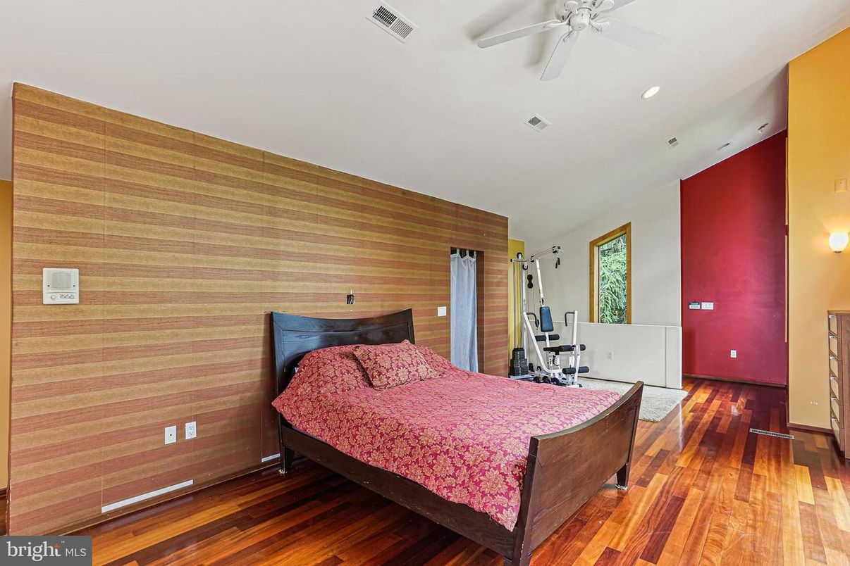 Bedroom, Interior, Recessed Lighting, Wood Texture Flooring, Wooden Walls