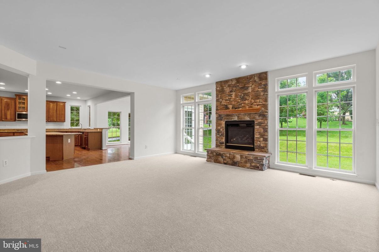 Empty room, Fireplace, Interior, Kitchen, Recessed Lighting, Stone Walls