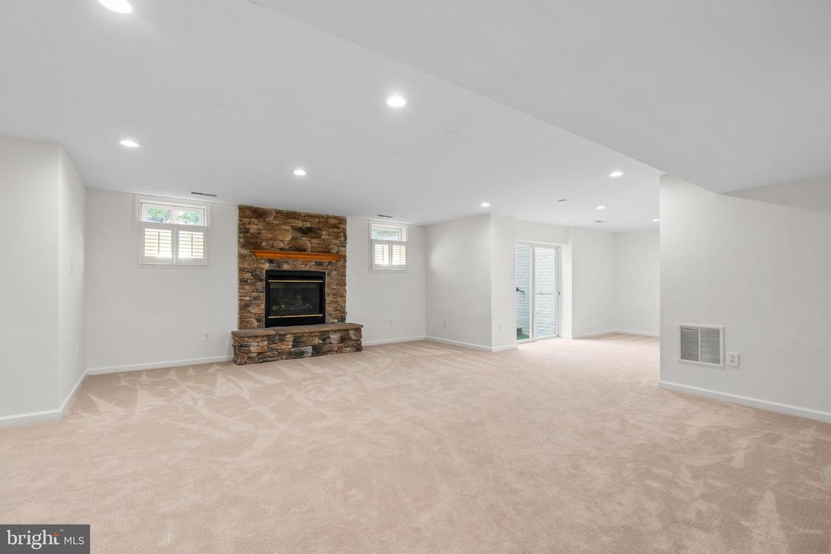 Empty room, Fireplace, Interior, Recessed Lighting, Stone Walls