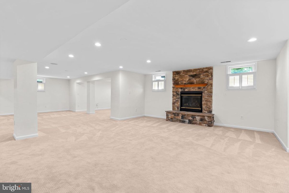Empty room, Fireplace, Interior, Recessed Lighting, Stone Walls