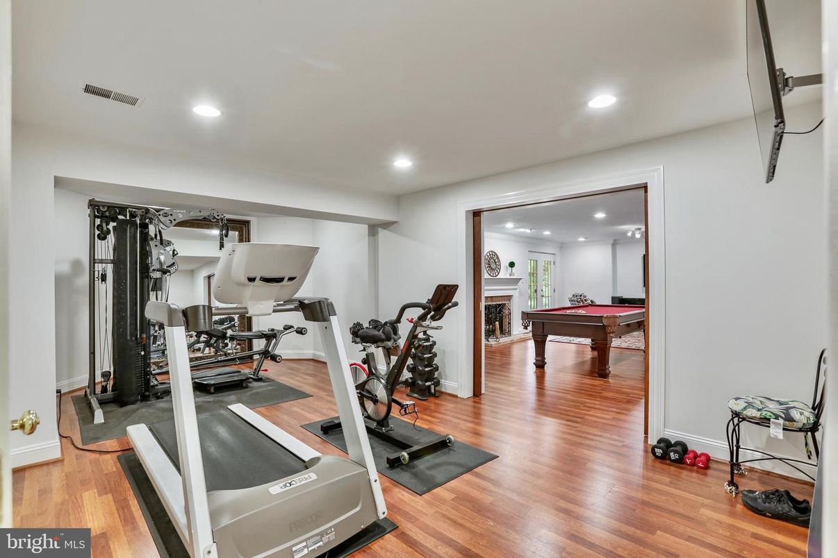 Billiard Table, Fitness Equipment, Game Room, Interior, Recessed Lighting, Wood Texture Flooring