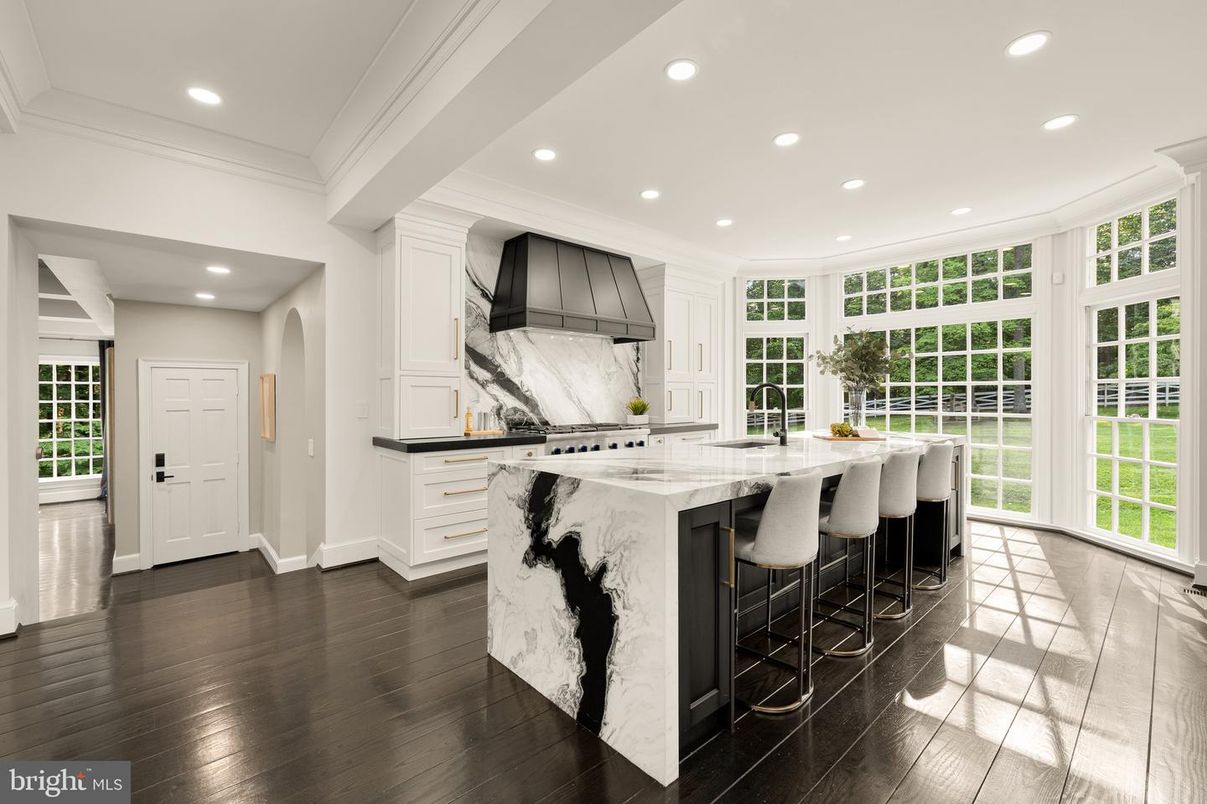 Interior, Kitchen, Marble Walls, Recessed Lighting, Wood Texture Flooring