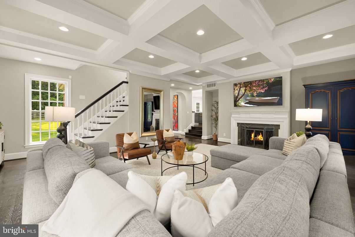 Fireplace, Interior, Living room, Recessed Lighting, Wood Texture Flooring