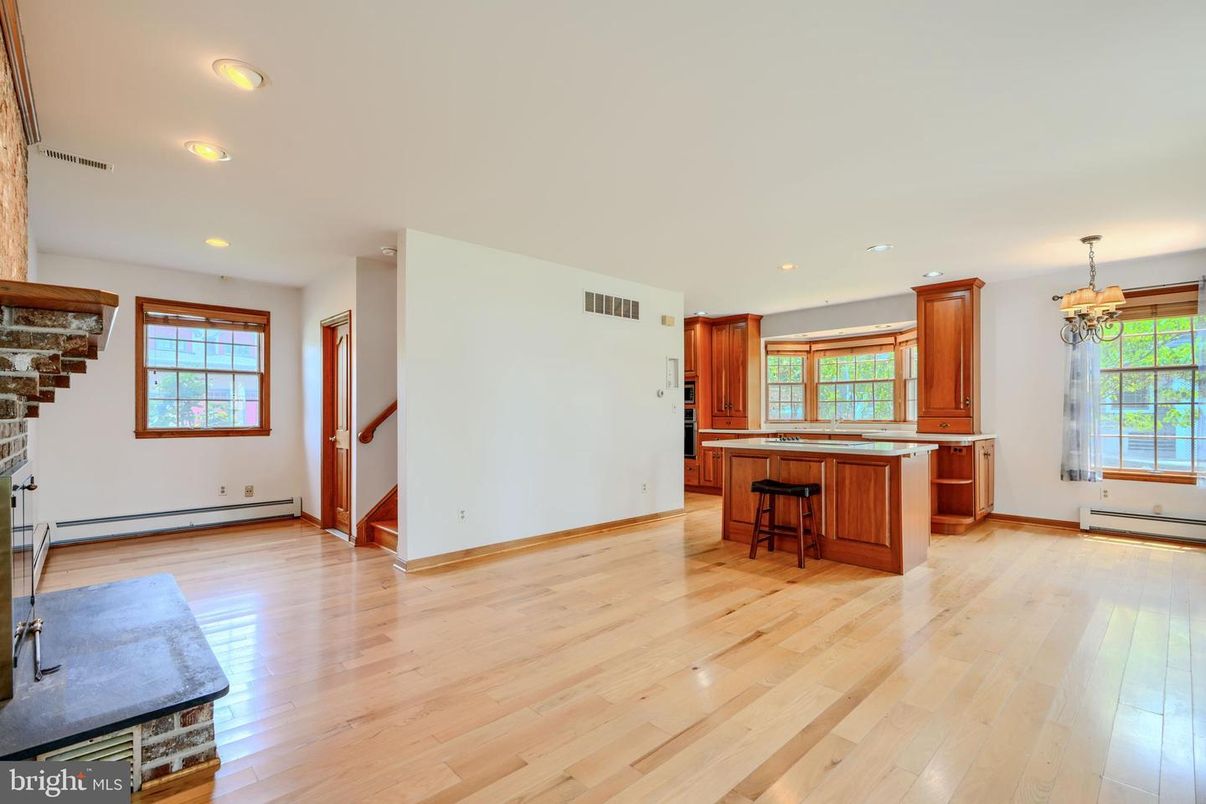 Chandelier, Empty room, Interior, Kitchen, Recessed Lighting, Wood Texture Flooring
