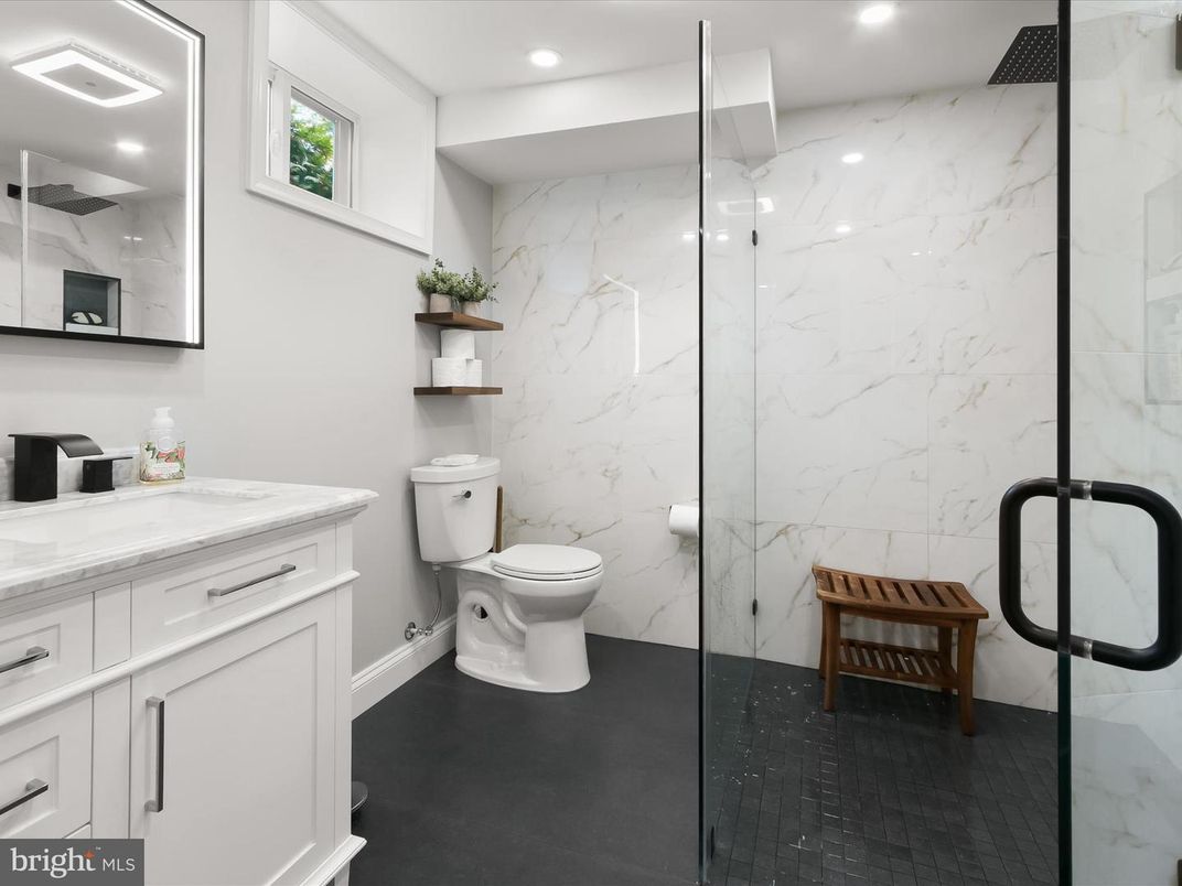 Bathroom, Glass Shower, Interior, Marble Walls, Recessed Lighting
