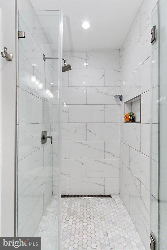 Bathroom, Glass Shower, Interior, Marble Walls, Recessed Lighting
