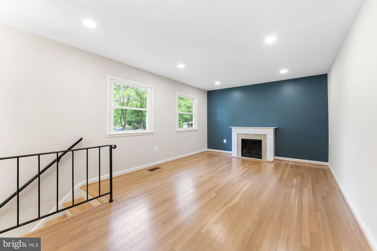 Empty room, Fireplace, Interior, Recessed Lighting, Wood Texture Flooring