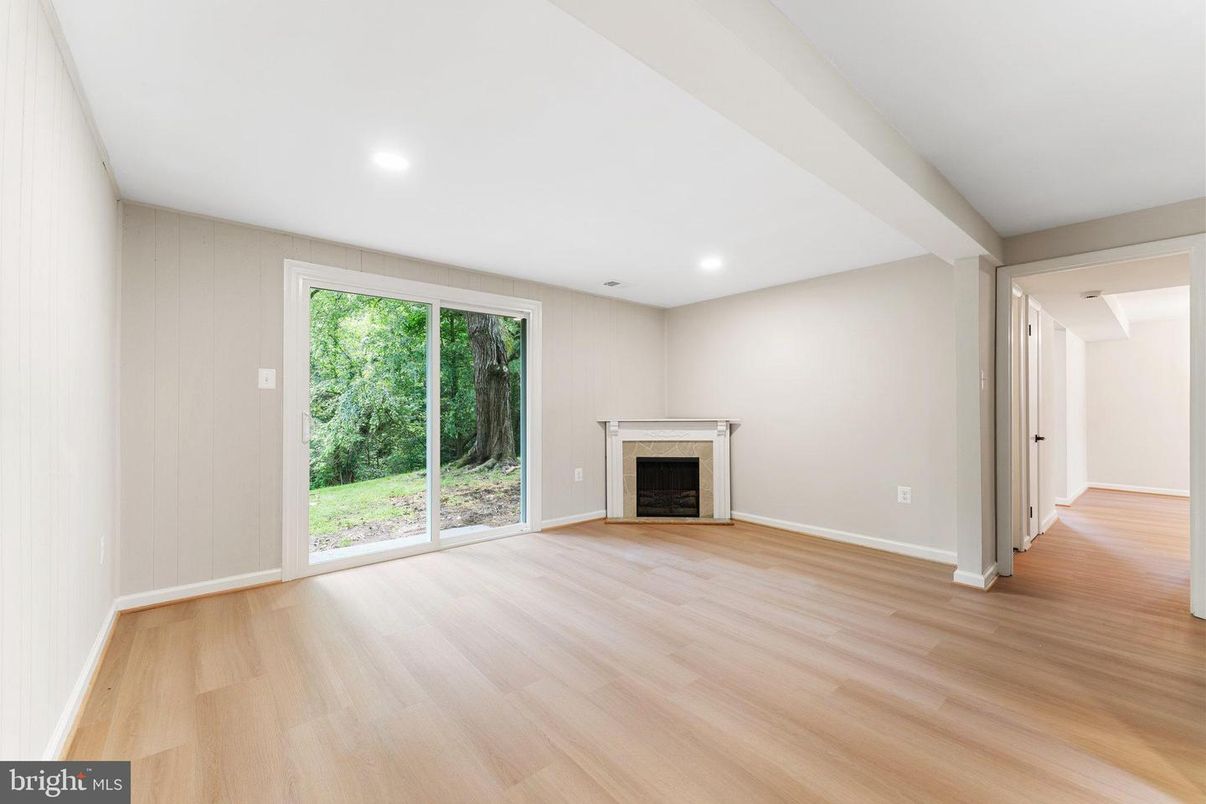 Empty room, Fireplace, Interior, Recessed Lighting, Wood Texture Flooring