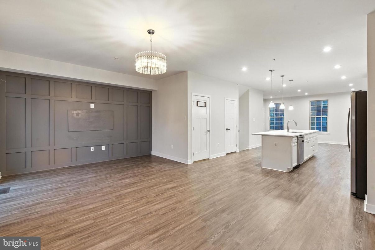 Chandelier, Empty room, Interior, Kitchen, Pendant Lights, Recessed Lighting, Wood Texture Flooring