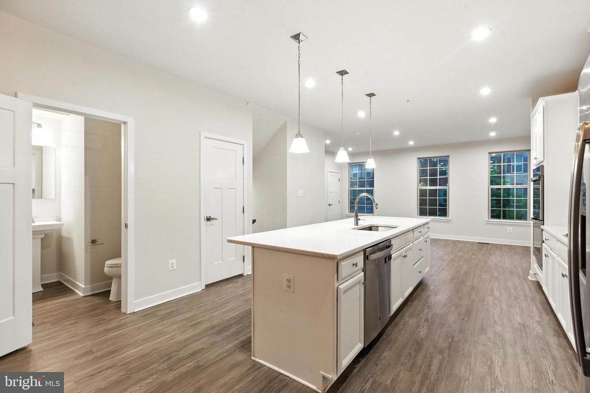 Interior, Kitchen, Pendant Lights, Recessed Lighting, Wood Texture Flooring
