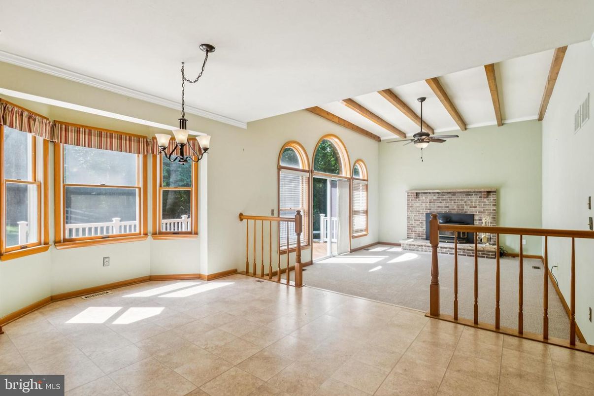 Chandelier, Empty room, Fireplace, Interior, Stone Walls, Wooden Beams