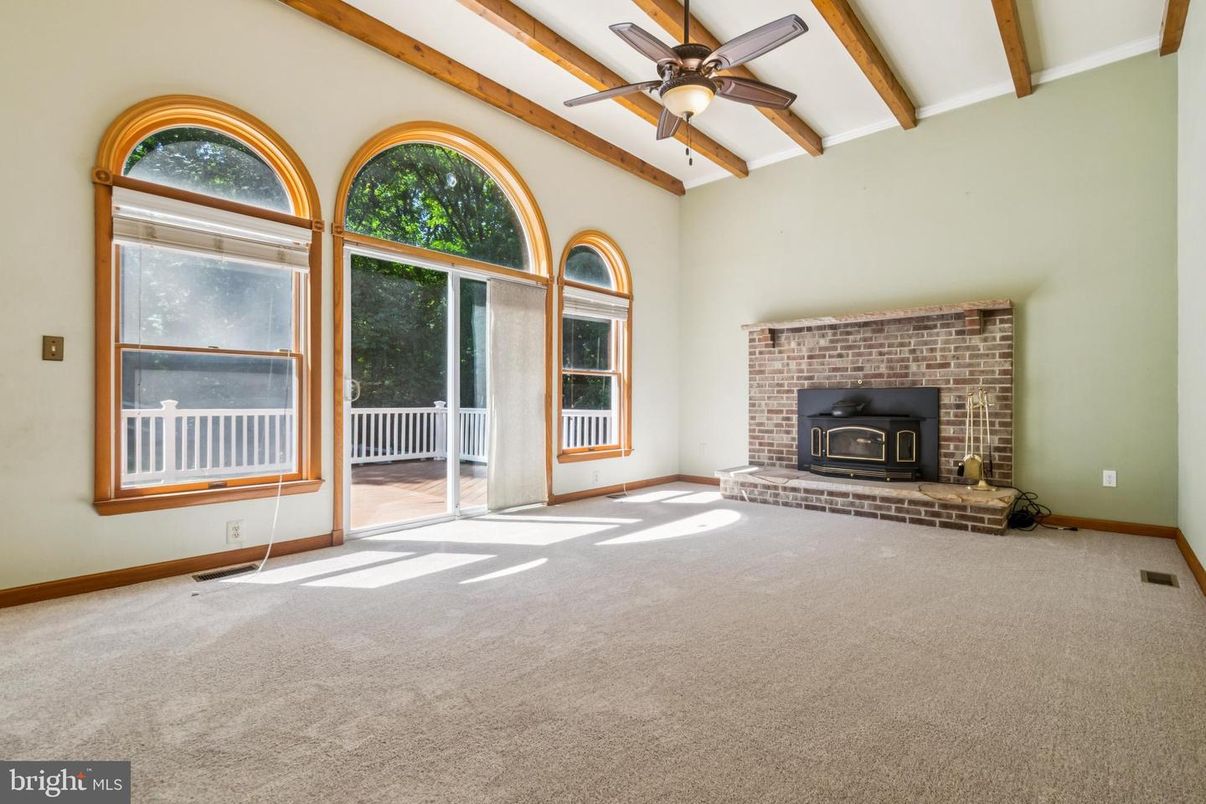 Empty room, Fireplace, Interior, Stone Walls, Wooden Beams