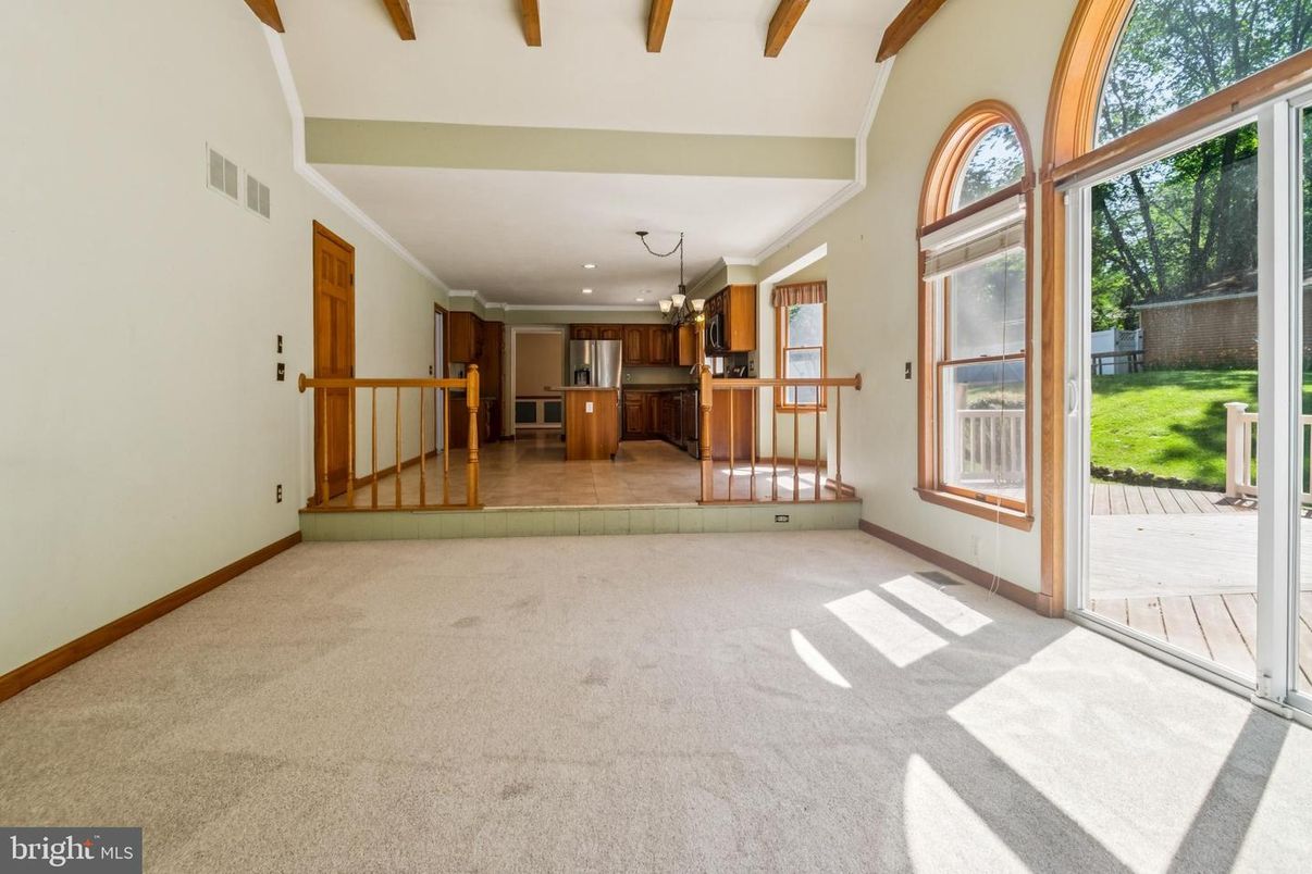 Chandelier, Empty room, Interior, Kitchen, Recessed Lighting, Wooden Beams