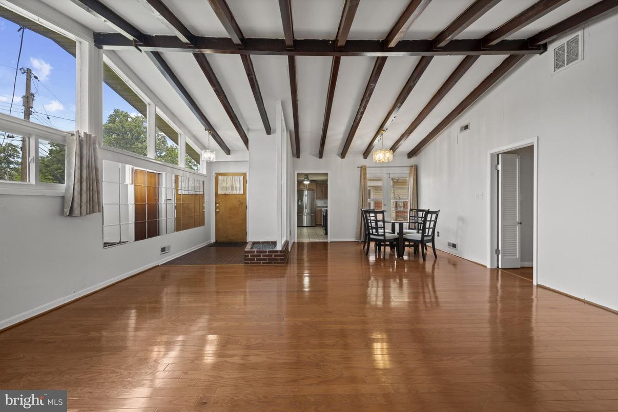 Dining room, Empty room, Interior, Pendant Lights, Wooden Beams, Wood Texture Flooring