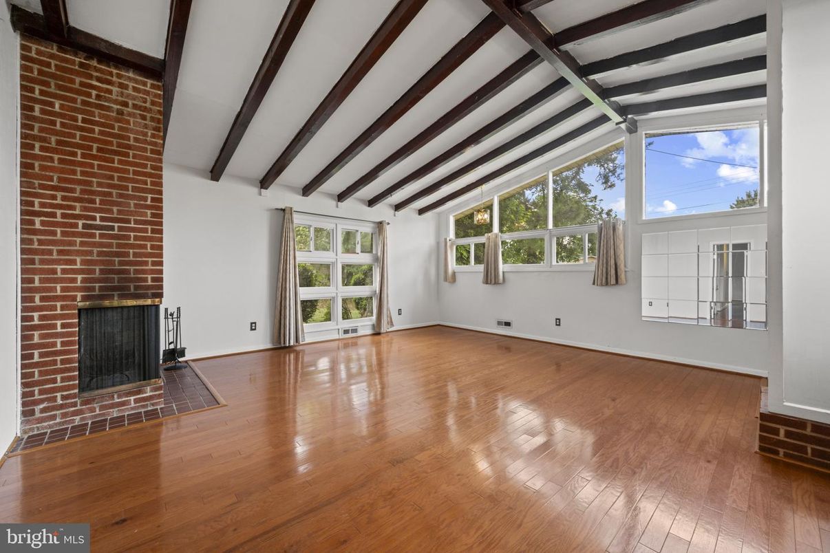 Empty room, Fireplace, Interior, Stone Walls, Wooden Beams, Wood Texture Flooring