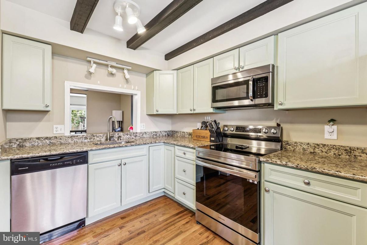 Interior, Kitchen, Stainless Steel Appliances, Wooden Beams, Wood Texture Flooring