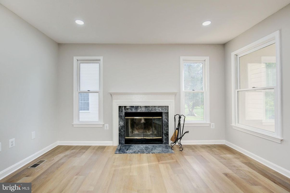 Empty room, Fireplace, Interior, Recessed Lighting, Wood Texture Flooring