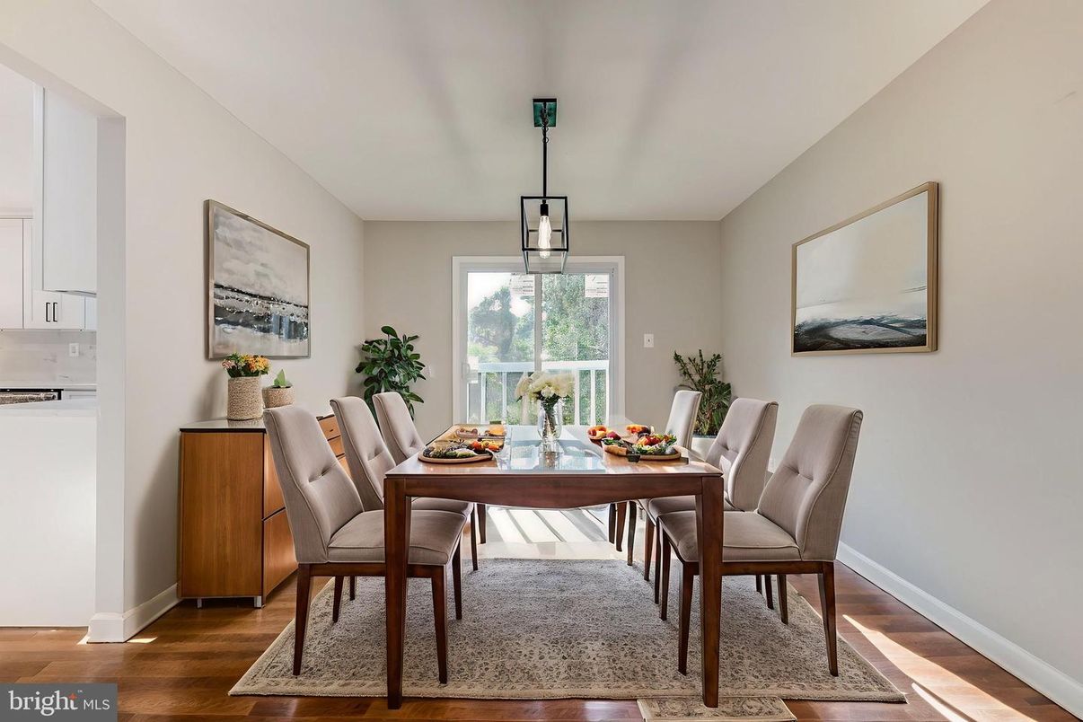 Dining room, Interior, Pendant Lights, Wood Texture Flooring