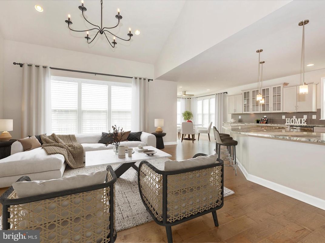 Chandelier, Dining room, Interior, Kitchen, Living room, Pendant Lights, Recessed Lighting, Wood Texture Flooring