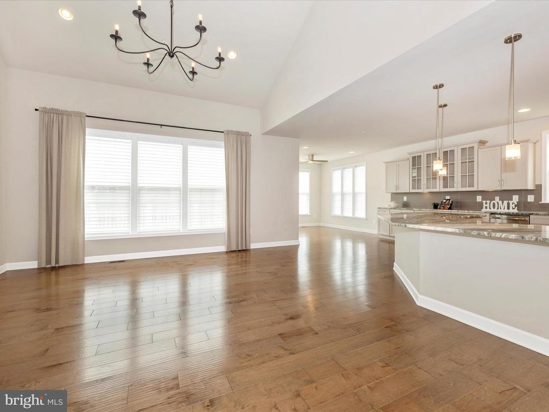 Chandelier, Empty room, Interior, Kitchen, Pendant Lights, Recessed Lighting, Wood Texture Flooring