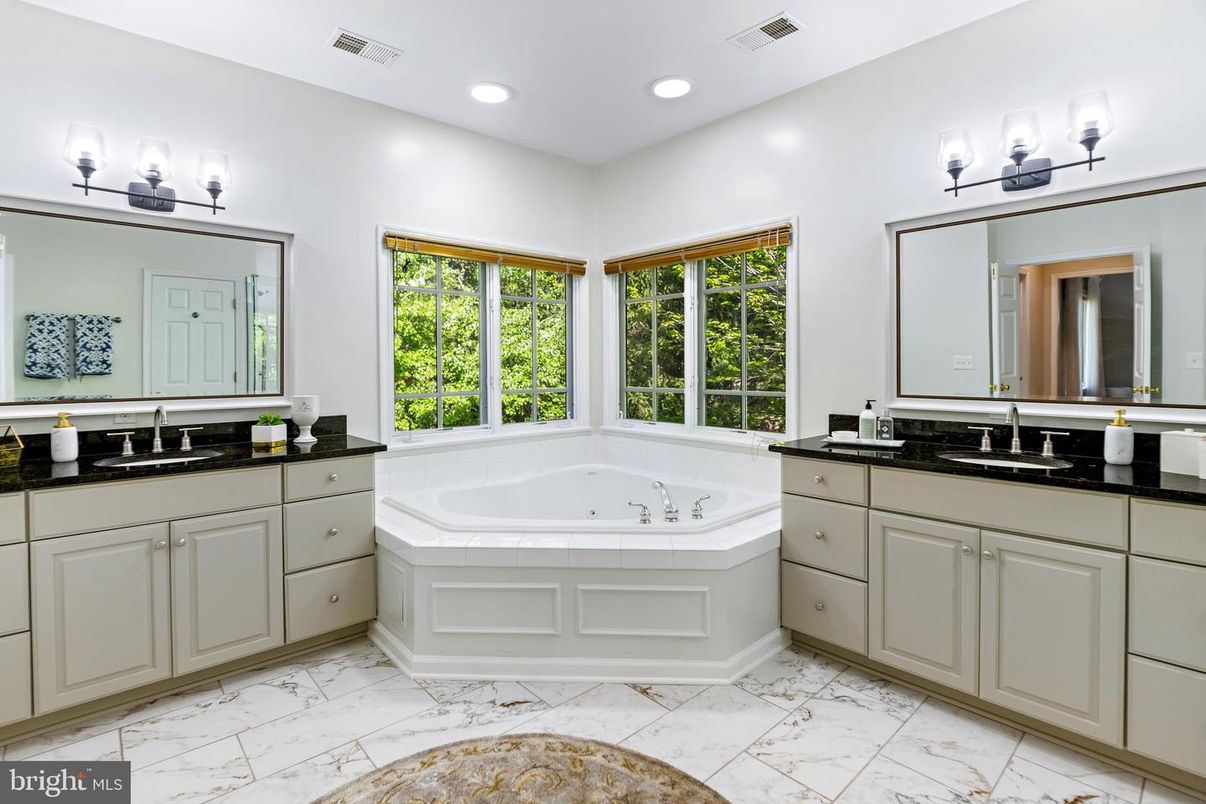 Bathroom, Dual Sink Vanities, Interior, Marble, Recessed Lighting, Tile Countertops