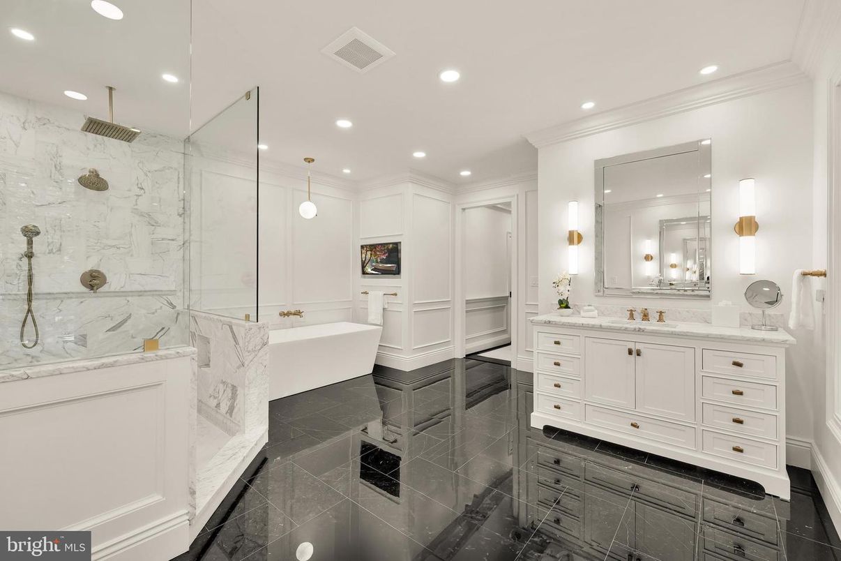 Bathroom, Dual Sink Vanities, Free Standing Baths, Glass Shower, Interior, Marble, Marble Walls, Recessed Lighting