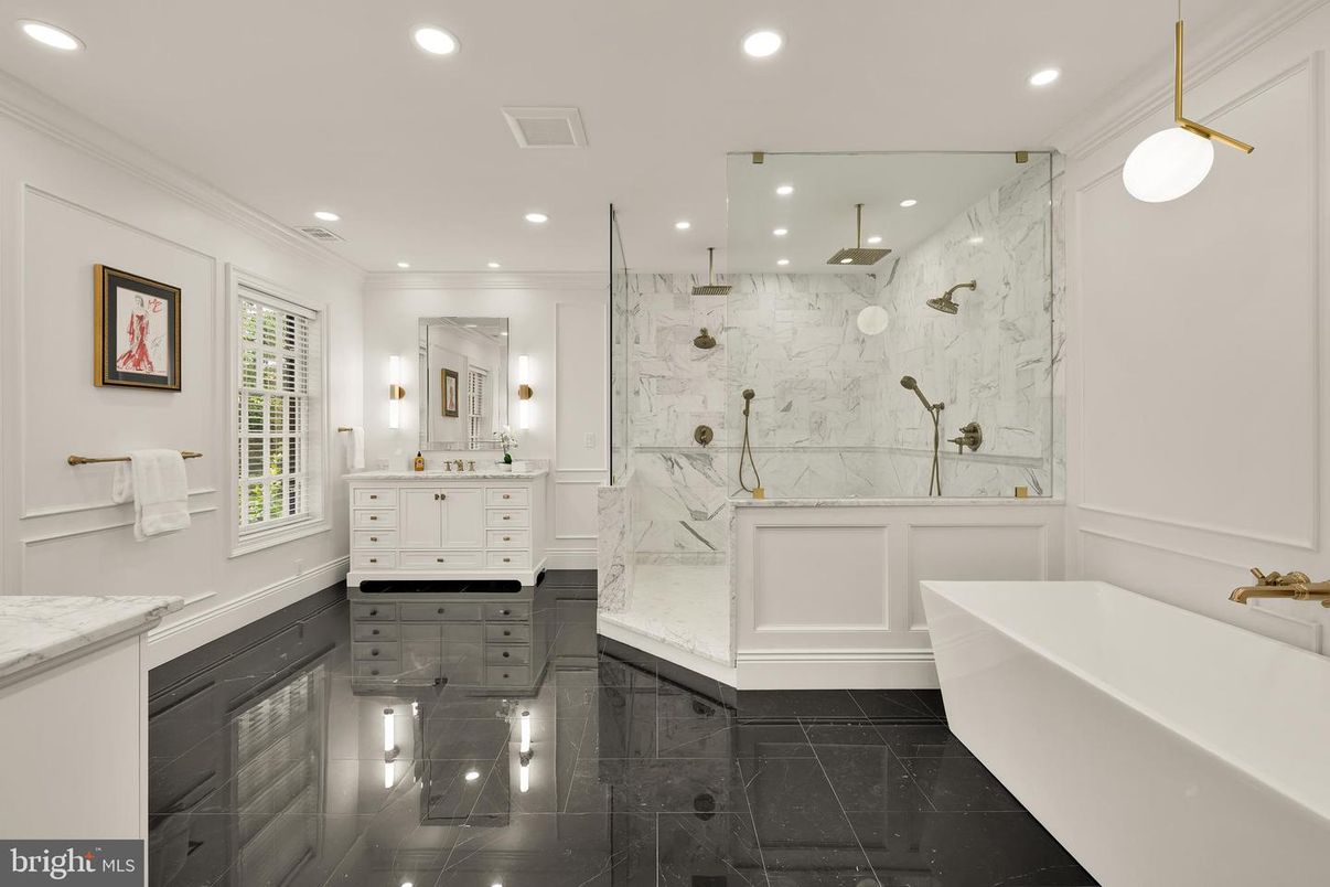 Bathroom, Dual Sink Vanities, Free Standing Baths, Interior, Marble, Marble Walls, Recessed Lighting