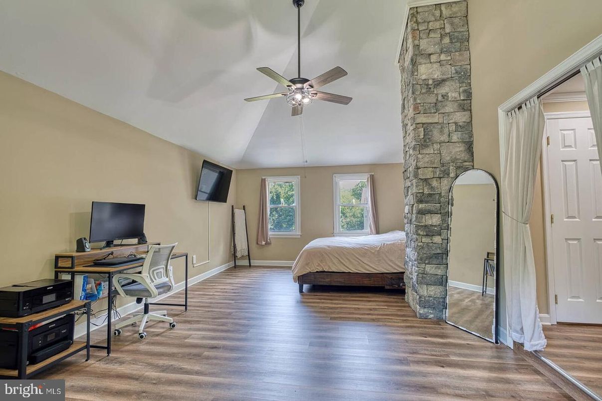Bedroom, Home Office, Interior, Stone Walls, Wood Texture Flooring