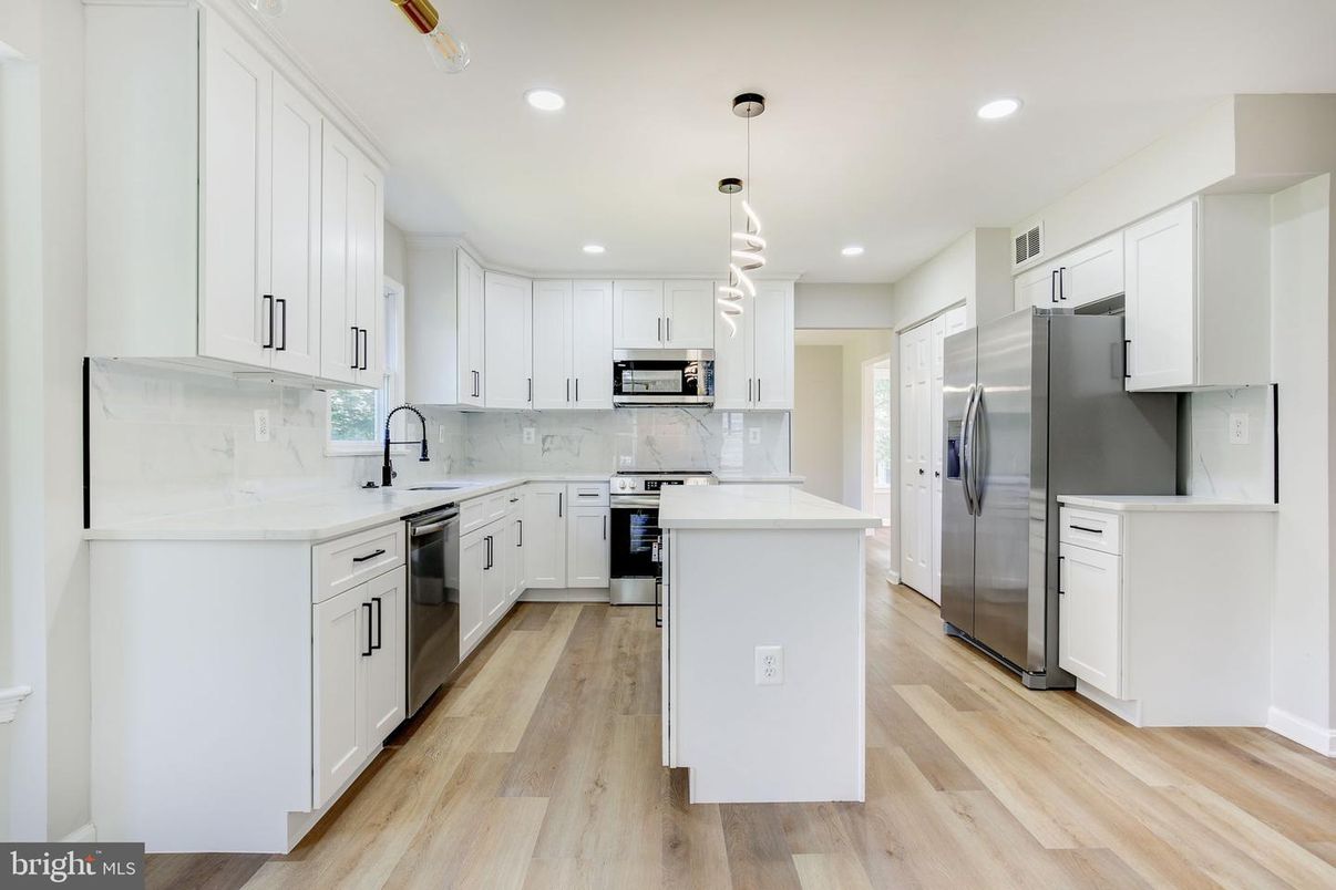Interior, Kitchen, Pendant Lights, Recessed Lighting, Stainless Steel Appliances, Wood Texture Flooring