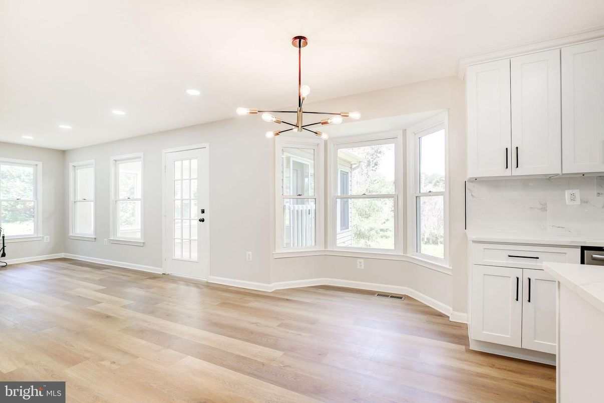 Empty room, Interior, Kitchen, Pendant Lights, Recessed Lighting, Wood Texture Flooring
