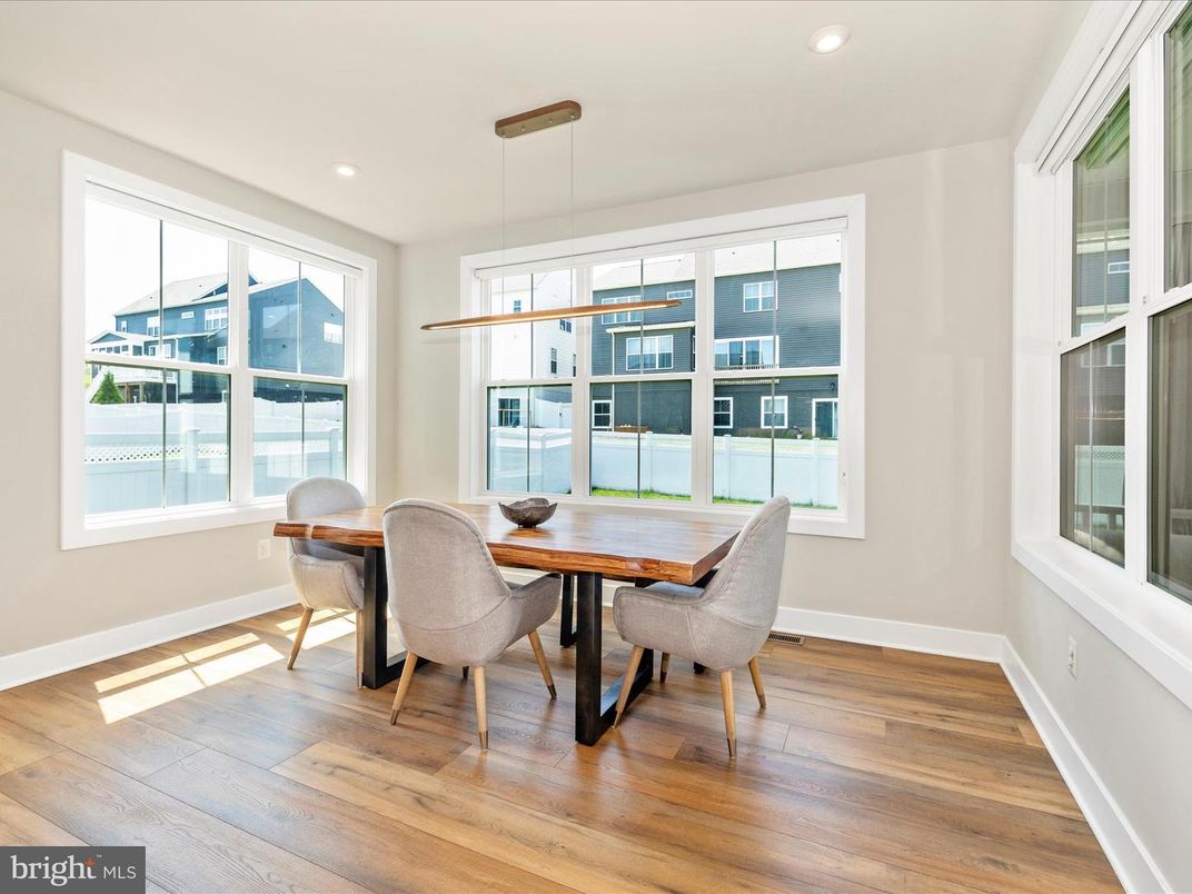 Dining room, Interior, Pendant Lights, Recessed Lighting, Wood Texture Flooring