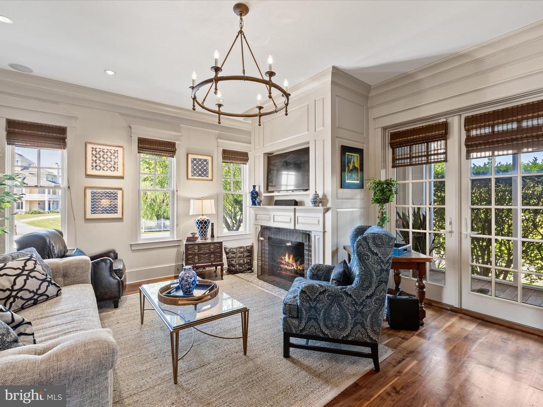 Chandelier, Fireplace, Interior, Living room, Recessed Lighting, Wood Texture Flooring