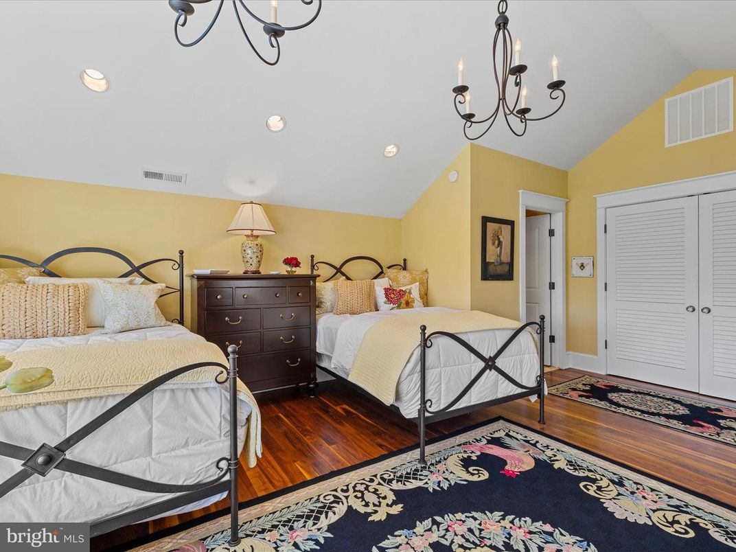 Bedroom, Chandelier, Interior, Recessed Lighting, Wood Texture Flooring
